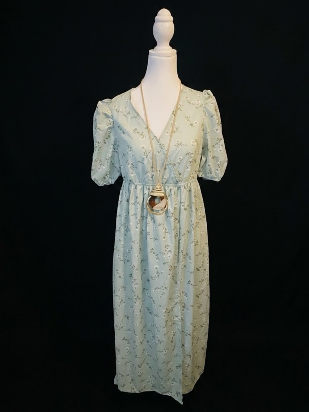 SHEIN Light Sage Green Floral Midi Dress with Puff Sleeves